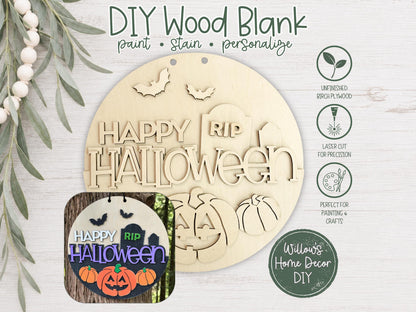 Happy Halloween Door Hanger DIY Kit, Unfinished Wood Porch Sign Blank, Paint Your Own Fall Craft Kit, Laser Cut Birch Plywood