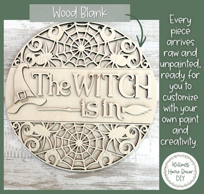 Witch Door Hanger DIY Kit, Unfinished Halloween Wood Porch Sign Blank, Paint Your Own Fall Craft Kit, Laser Cut Birch Plywood