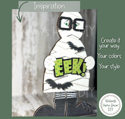 Mummy Wood Blank - Halloween DIY Kit - Unfinished Craft - Paint Party Craft Kit - Spooky Season Decor