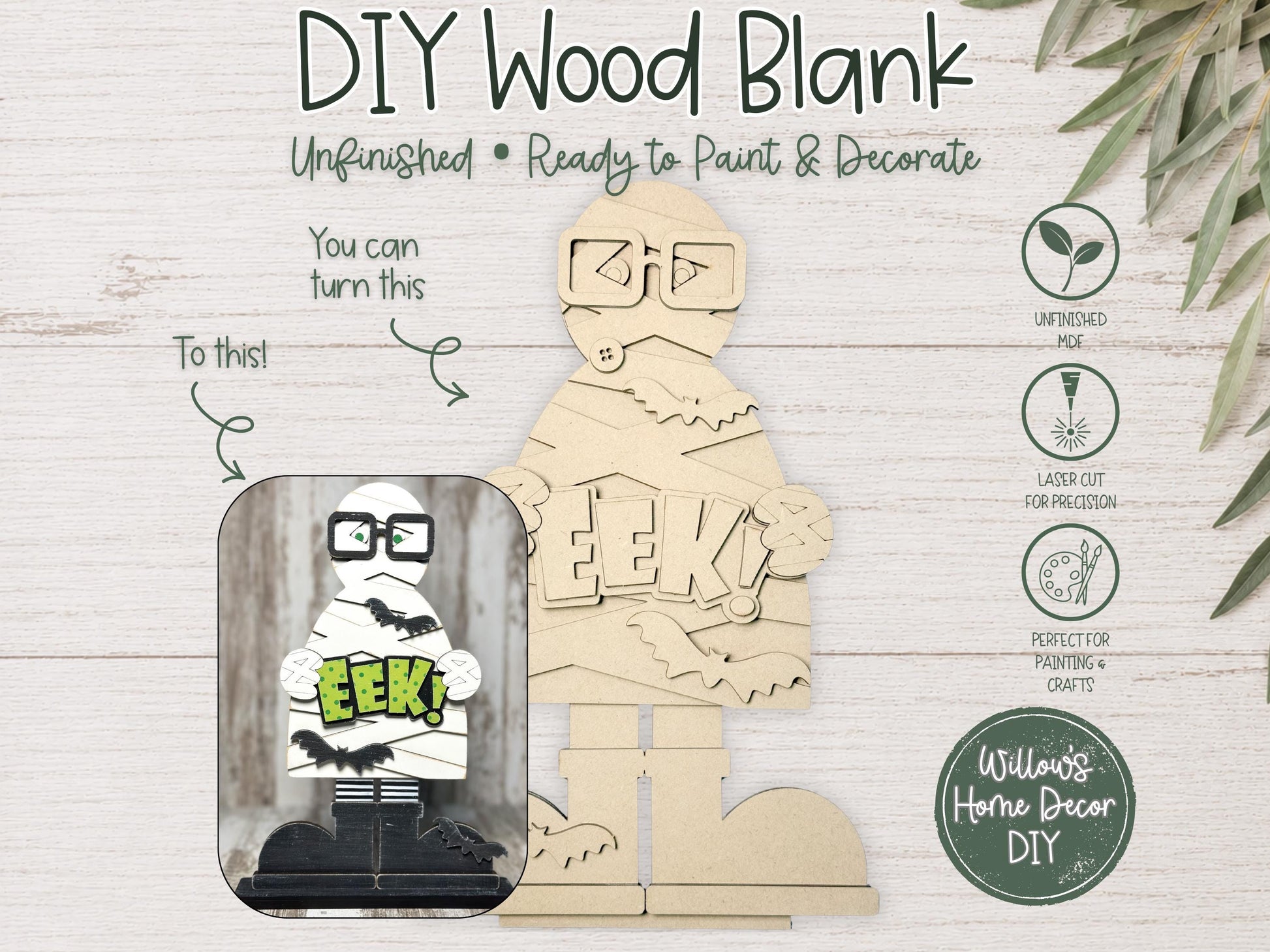 Mummy Wood Blank - Halloween DIY Kit - Unfinished Craft - Paint Party Craft Kit - Spooky Season Decor