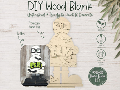 Mummy Wood Blank - Halloween DIY Kit - Unfinished Craft - Paint Party Craft Kit - Spooky Season Decor
