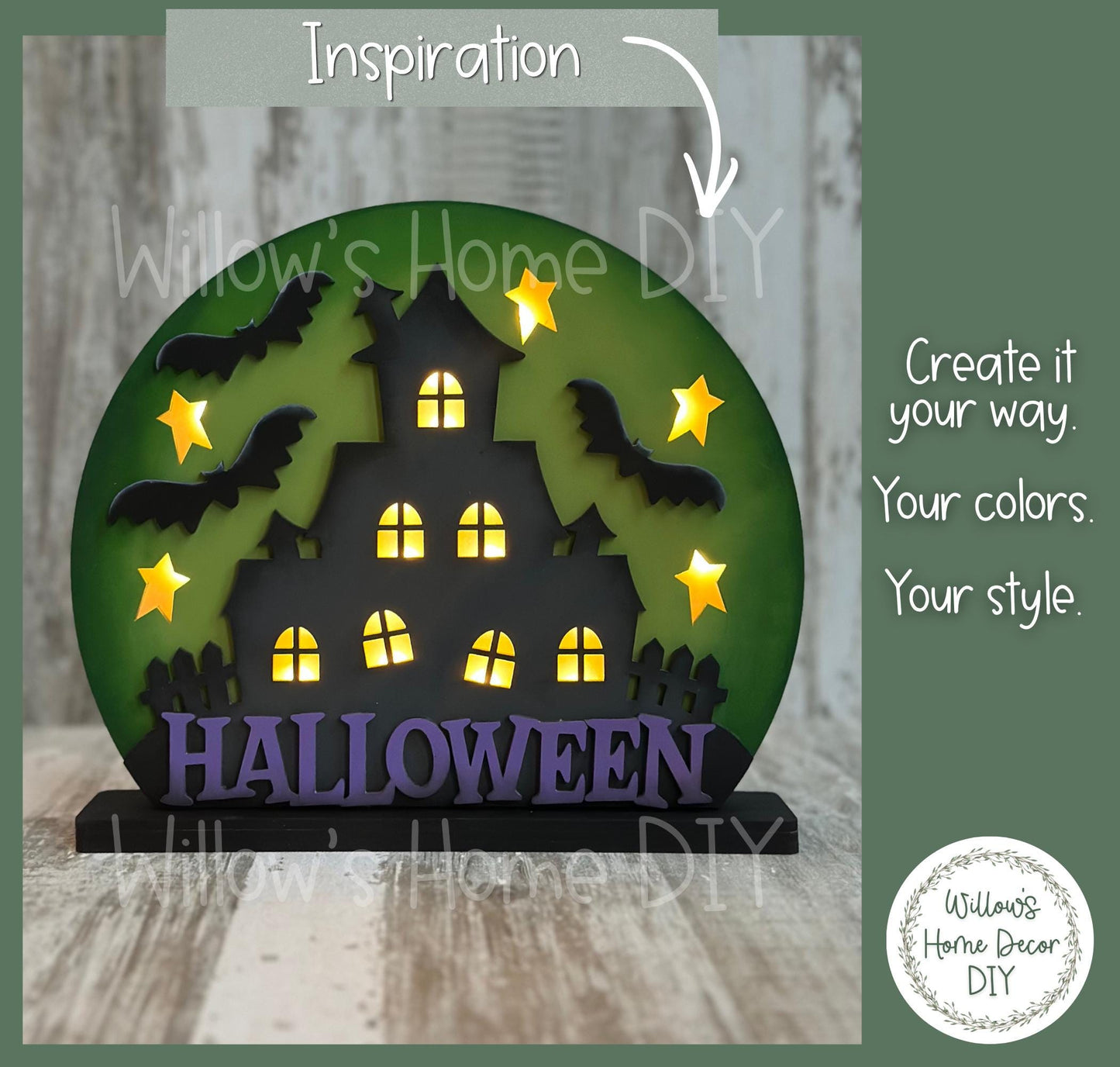 Haunted House Wood Blank, Light Up Halloween Shelf Sitter, DIY Paint Kit, Spooky Mantel Decor