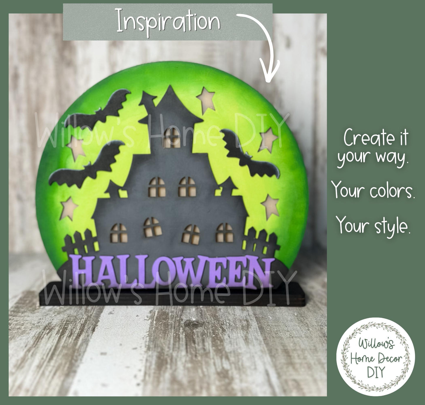 Haunted House Wood Blank, Light Up Halloween Shelf Sitter, DIY Paint Kit, Spooky Mantel Decor