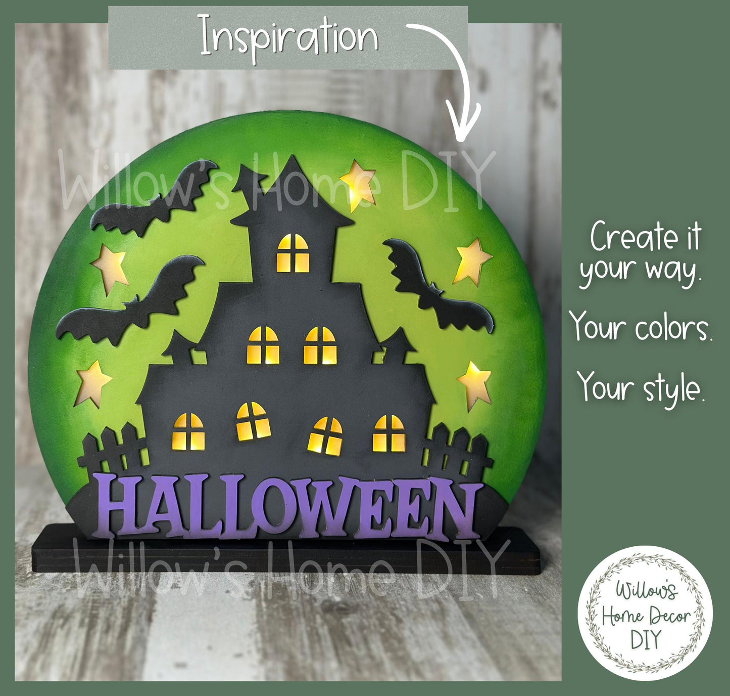 Haunted House Wood Blank, Light Up Halloween Shelf Sitter, DIY Paint Kit, Spooky Mantel Decor