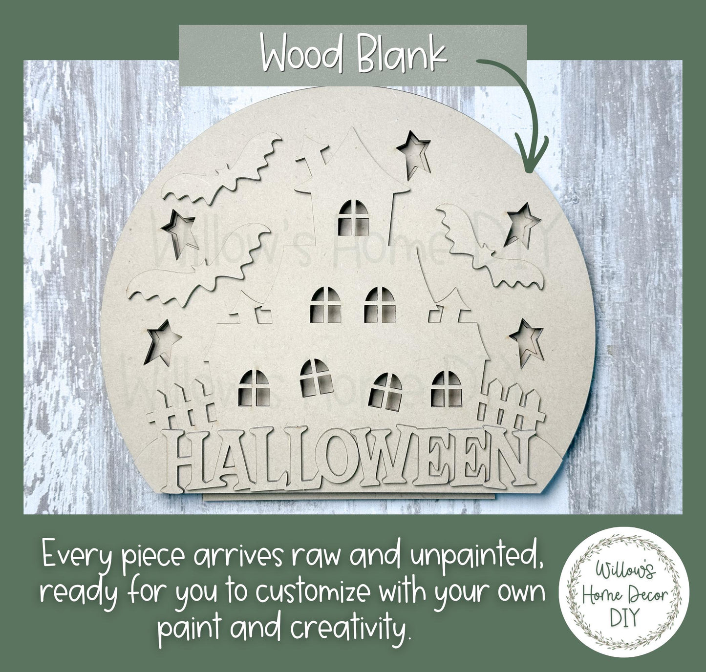 Haunted House Wood Blank, Light Up Halloween Shelf Sitter, DIY Paint Kit, Spooky Mantel Decor