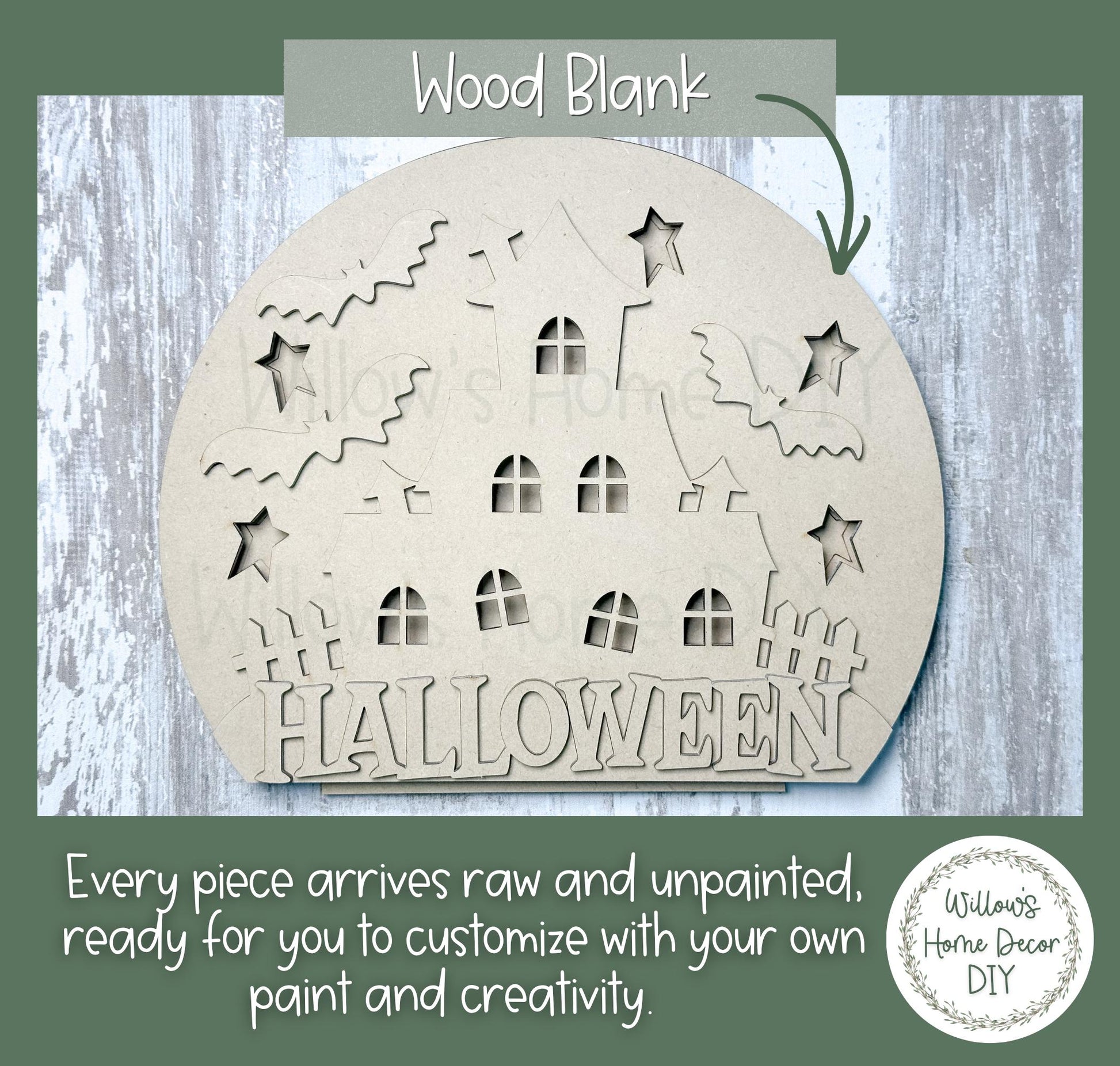 Haunted House Wood Blank, Light Up Halloween Shelf Sitter, DIY Paint Kit, Spooky Mantel Decor