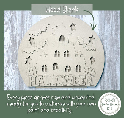 Haunted House Wood Blank, Light Up Halloween Shelf Sitter, DIY Paint Kit, Spooky Mantel Decor