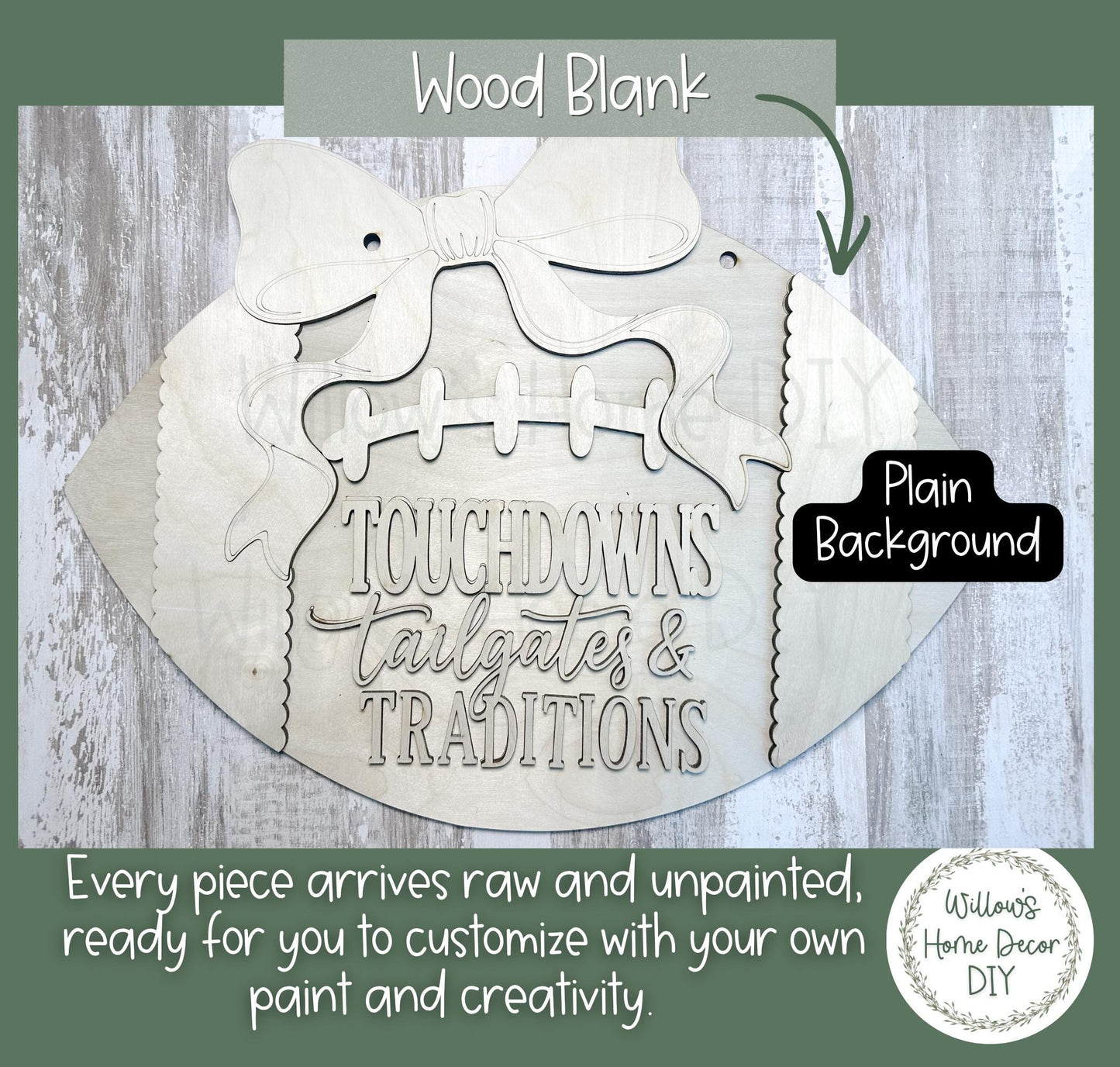 Football Door Hanger DIY Wood Blank, Unfinished Birch Plywood Cutout, Touchdowns Tailgates & Traditions Sign, Paint Your Own
