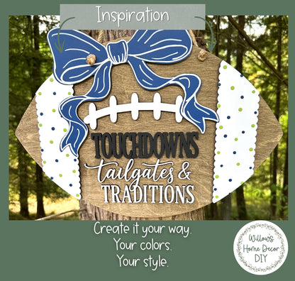 Football Door Hanger DIY Wood Blank, Unfinished Birch Plywood Cutout, Touchdowns Tailgates & Traditions Sign, Paint Your Own