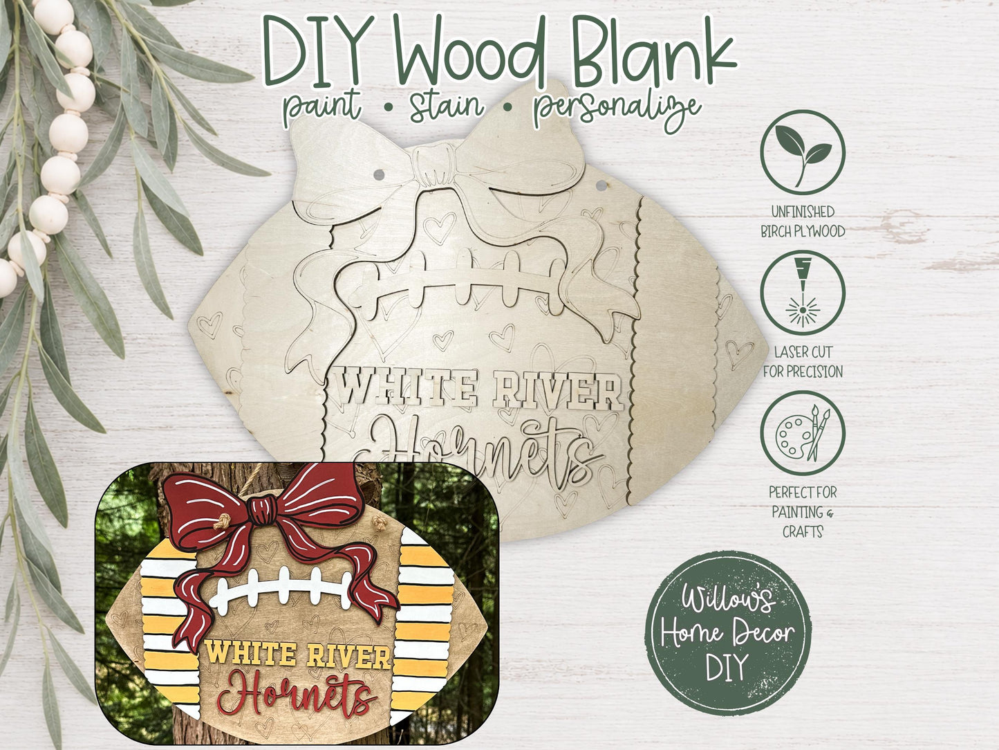 Personalized Football Door Hanger, Custom Team Name DIY Wood Blank, Unfinished Birch Plywood Cutout for Game Day Porch Decor