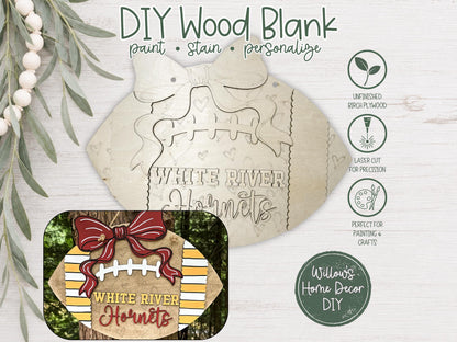 Personalized Football Door Hanger, Custom Team Name DIY Wood Blank, Unfinished Birch Plywood Cutout for Game Day Porch Decor