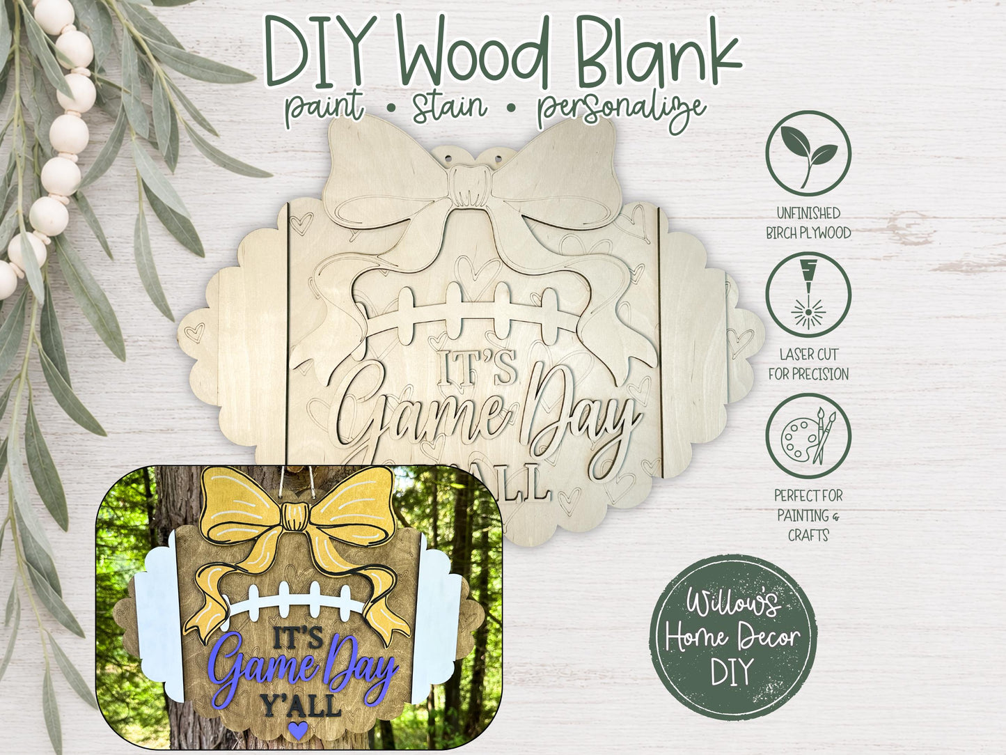 Football Door Hanger Blank, Unfinished Birch Plywood Wood Cutout, Paint Your Own Game Day Tailgate Sign