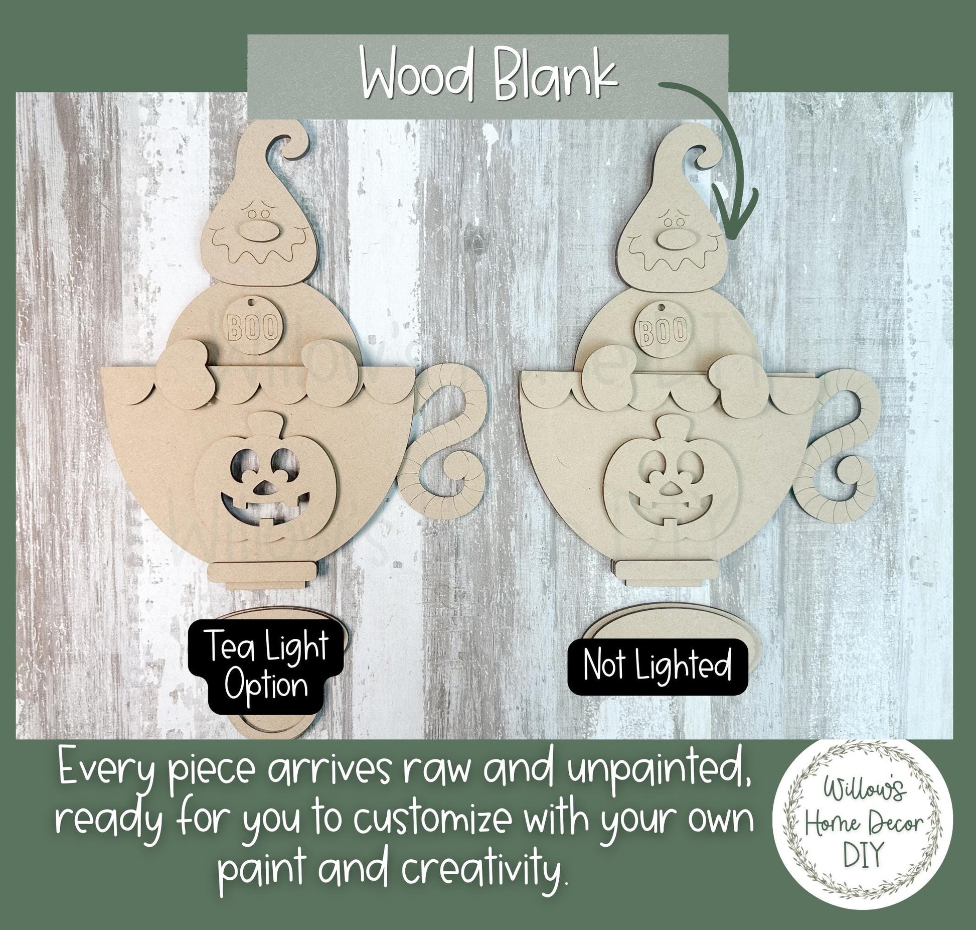 Ghost Pumpkin Teacup Wood Blank, Unfinished Halloween Shelf Sitter, DIY Paint Kit, Spooky Tiered Tray & Mantel Decor