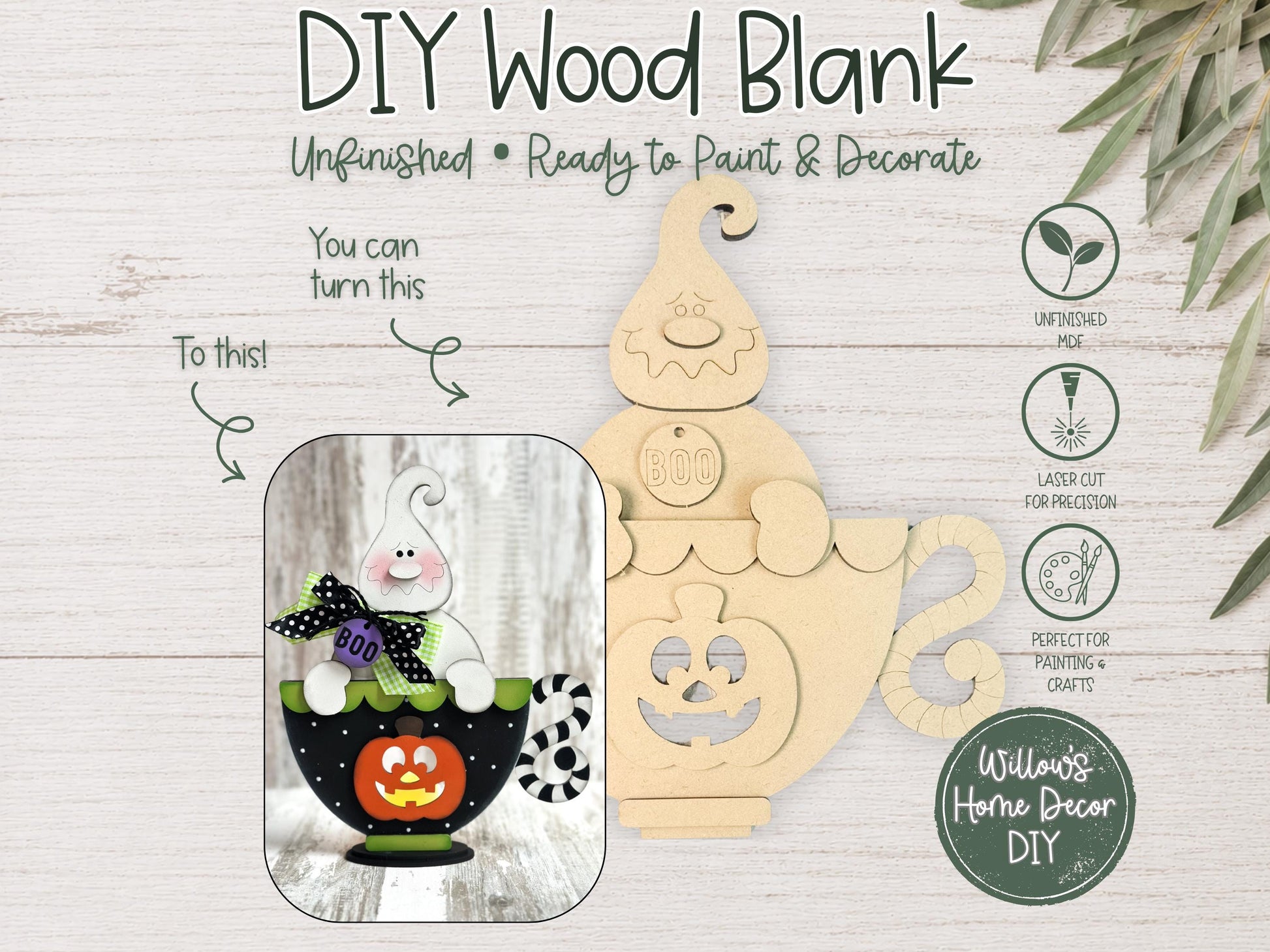 Ghost Pumpkin Teacup Wood Blank, Unfinished Halloween Shelf Sitter, DIY Paint Kit, Spooky Tiered Tray & Mantel Decor
