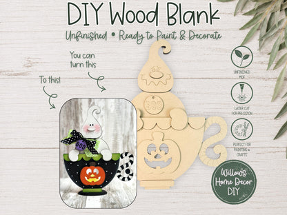 Ghost Pumpkin Teacup Wood Blank, Unfinished Halloween Shelf Sitter, DIY Paint Kit, Spooky Tiered Tray & Mantel Decor