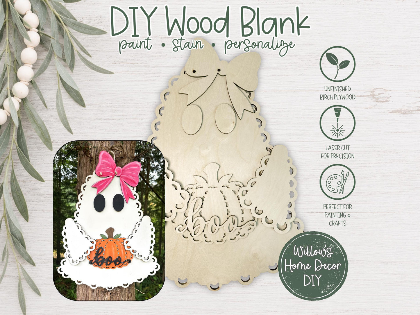Halloween Ghost Door Hanger DIY Kit, Unfinished Wood Porch Sign Blank, Lace Bow Paint Your Own Fall Craft, Farmhouse Front Door Decor