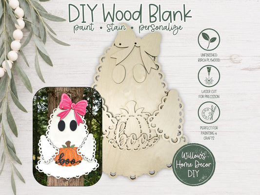 Halloween Ghost Door Hanger DIY Kit, Unfinished Wood Porch Sign Blank, Lace Bow Paint Your Own Fall Craft, Farmhouse Front Door Decor