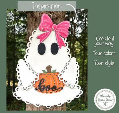Halloween Ghost Door Hanger DIY Kit, Unfinished Wood Porch Sign Blank, Lace Bow Paint Your Own Fall Craft, Farmhouse Front Door Decor