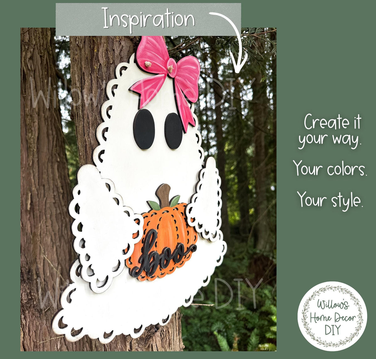 Halloween Ghost Door Hanger DIY Kit, Unfinished Wood Porch Sign Blank, Lace Bow Paint Your Own Fall Craft, Farmhouse Front Door Decor