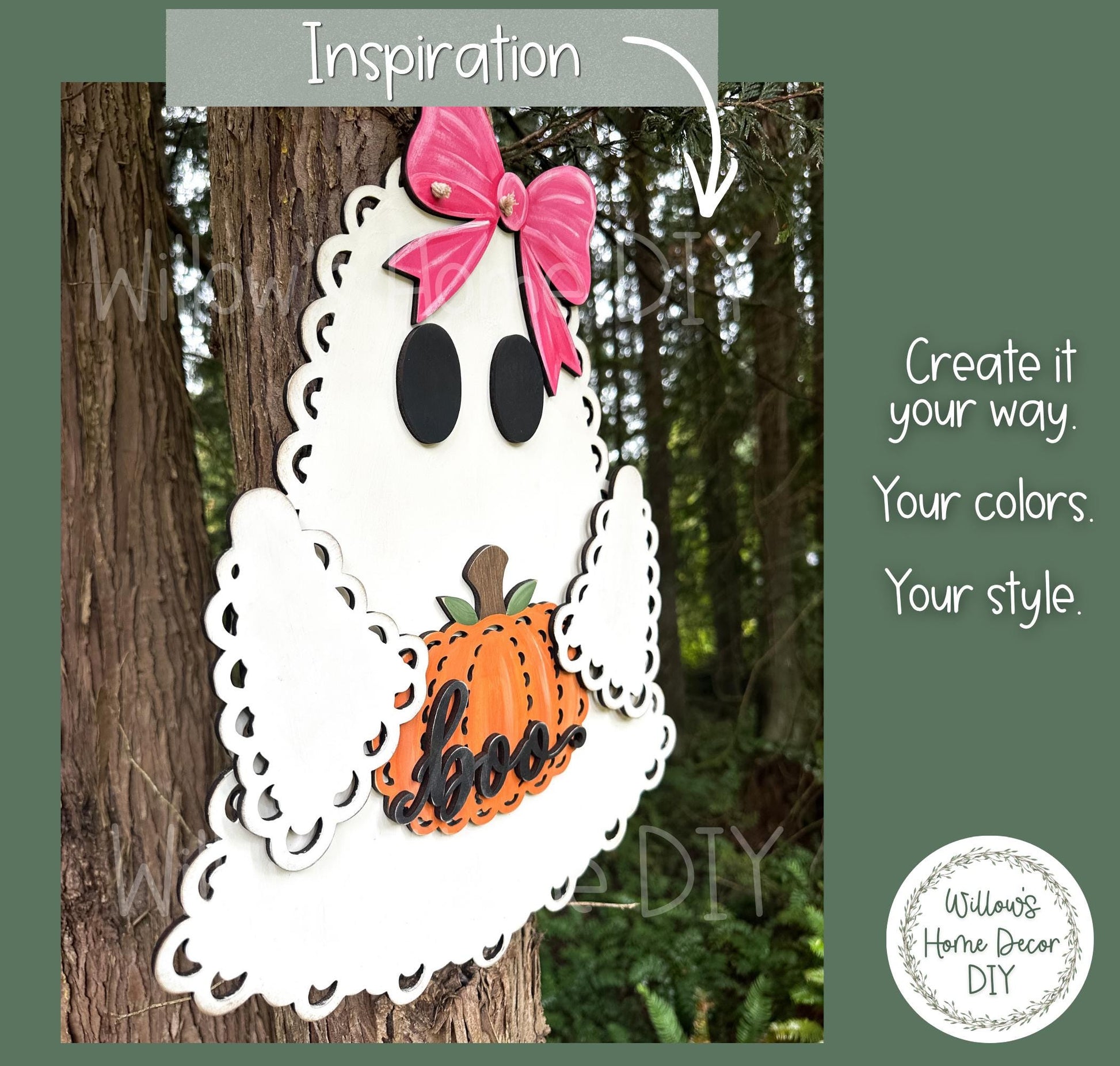 Halloween Ghost Door Hanger DIY Kit, Unfinished Wood Porch Sign Blank, Lace Bow Paint Your Own Fall Craft, Farmhouse Front Door Decor