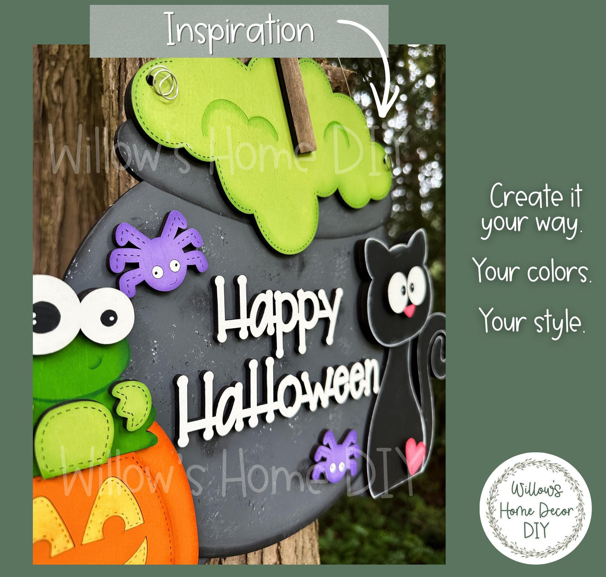 Black Cat Cauldron Door Hanger, DIY Halloween Wood Sign Blank, Paint Your Own Porch Decor Kit
