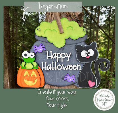 Black Cat Cauldron Door Hanger, DIY Halloween Wood Sign Blank, Paint Your Own Porch Decor Kit