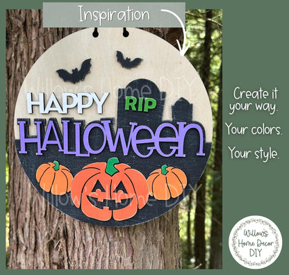 Happy Halloween Door Hanger DIY Kit, Unfinished Wood Porch Sign Blank, Paint Your Own Fall Craft Kit, Laser Cut Birch Plywood