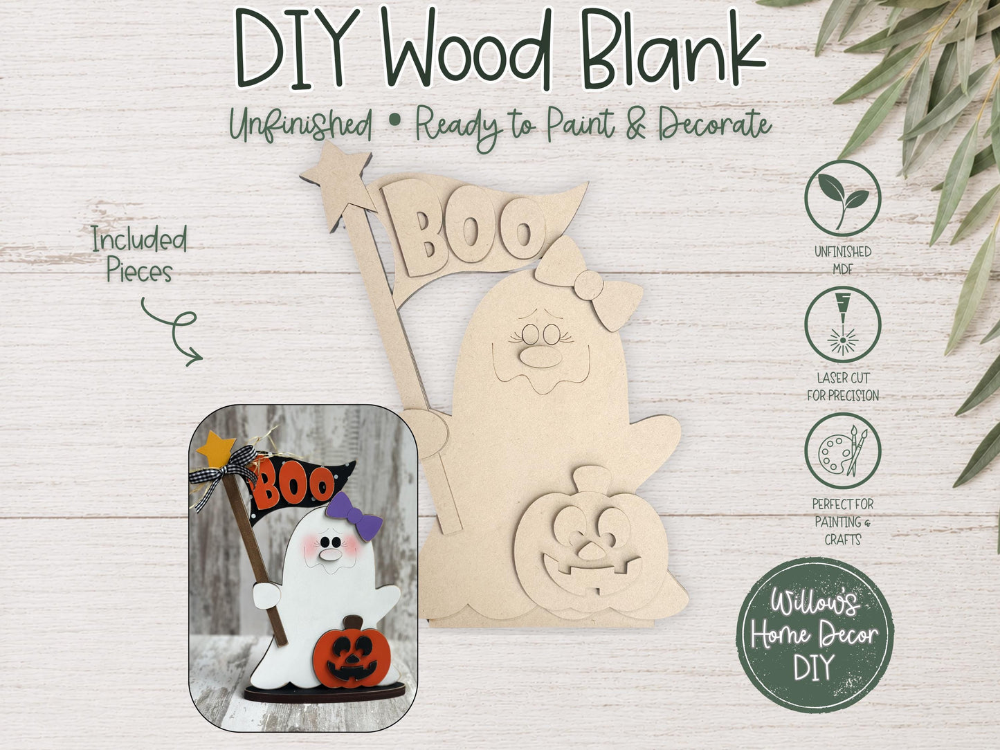 Ghost Wood Blank, Halloween DIY Kit, Unfinished Craft, Paint Party Craft Kit, Spooky Season Decor