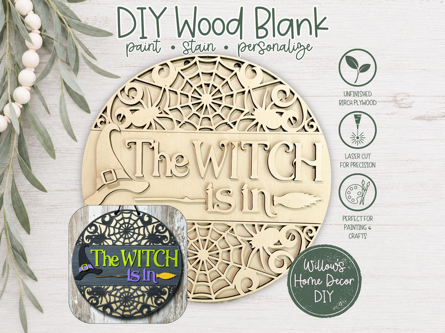 Witch Door Hanger DIY Kit, Unfinished Halloween Wood Porch Sign Blank, Paint Your Own Fall Craft Kit, Laser Cut Birch Plywood