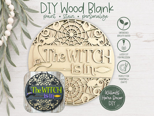 Witch Door Hanger DIY Kit, Unfinished Halloween Wood Porch Sign Blank, Paint Your Own Fall Craft Kit, Laser Cut Birch Plywood