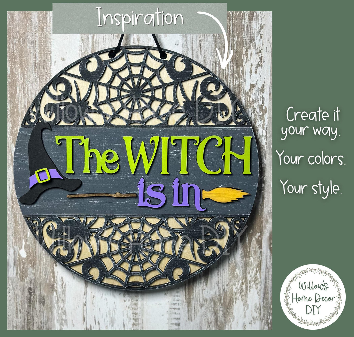 Witch Door Hanger DIY Kit, Unfinished Halloween Wood Porch Sign Blank, Paint Your Own Fall Craft Kit, Laser Cut Birch Plywood