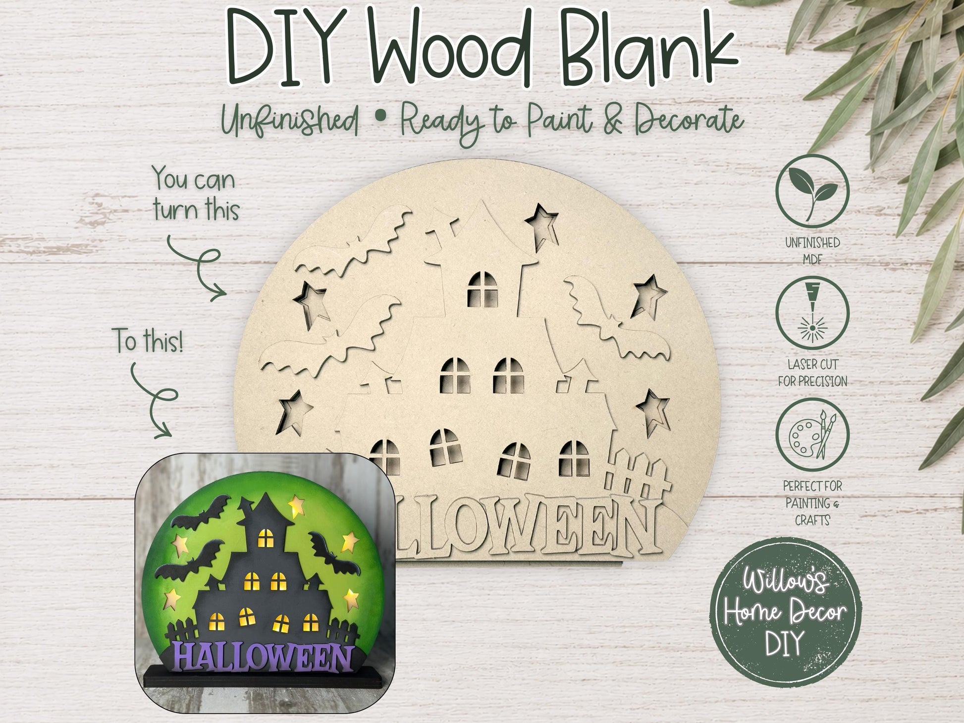 Haunted House Wood Blank, Light Up Halloween Shelf Sitter, DIY Paint Kit, Spooky Mantel Decor