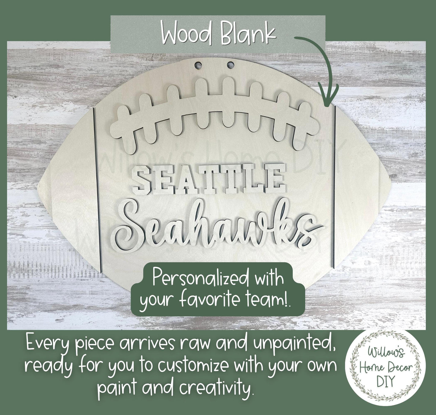 Personalized Football Door Hanger, Custom Team Name DIY Wood Blank, Unfinished Birch Plywood Cutout for Game Day Porch Decor
