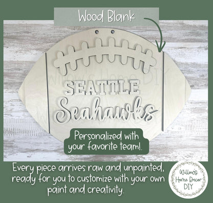 Personalized Football Door Hanger, Custom Team Name DIY Wood Blank, Unfinished Birch Plywood Cutout for Game Day Porch Decor
