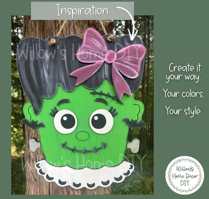 Frankenstein Girl Door Hanger DIY Kit, Halloween Unfinished Wood Sign Blank, Paint Your Own Porch Decor, Farmhouse Fall Front Door Sign