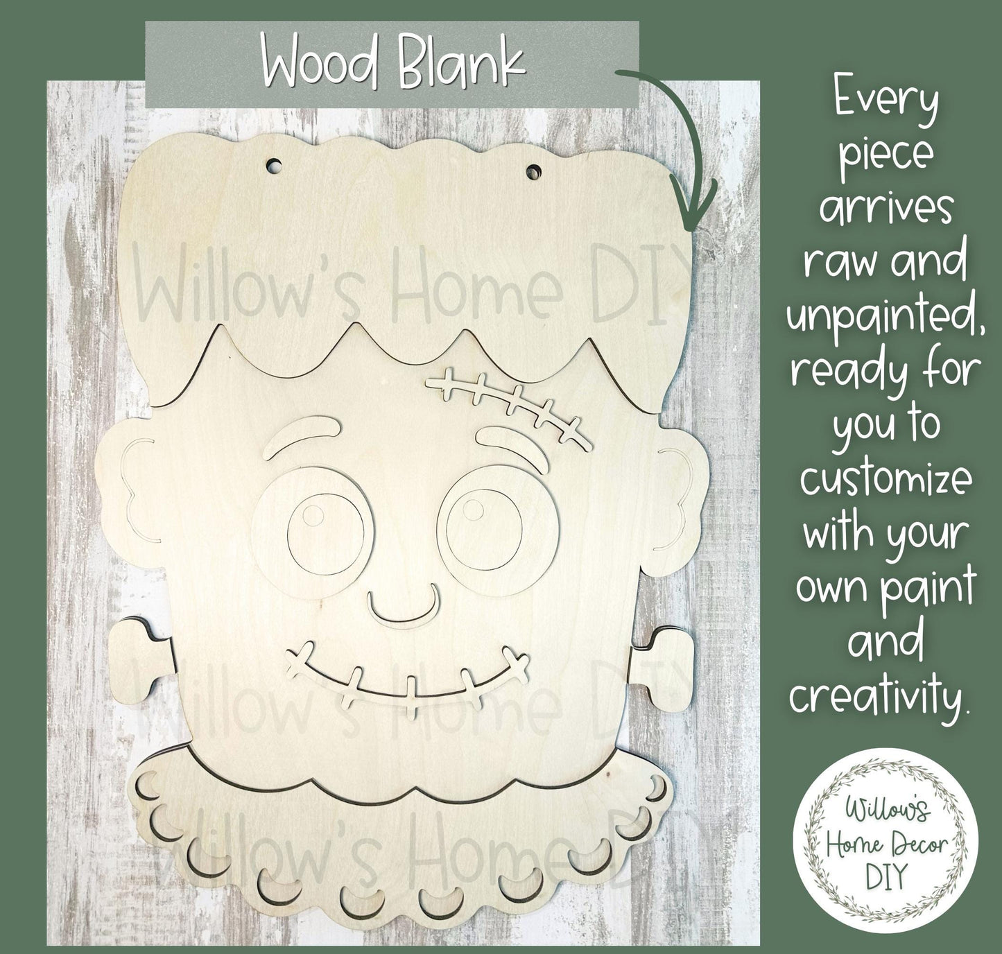 Frankenstein Door Hanger DIY Kit, Laser Cut Wood Blank, Paint Your Own Halloween Decor