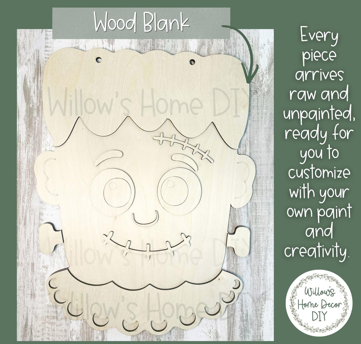 Frankenstein Door Hanger DIY Kit, Laser Cut Wood Blank, Paint Your Own Halloween Decor