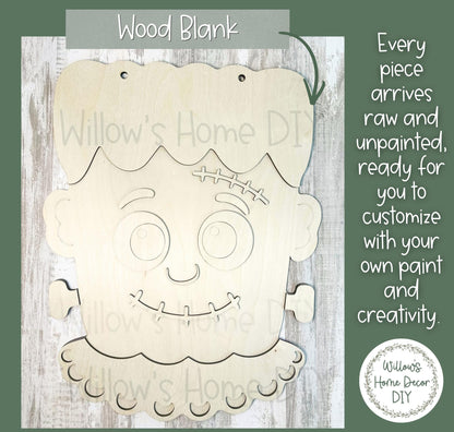 Frankenstein Door Hanger DIY Kit, Laser Cut Wood Blank, Paint Your Own Halloween Decor