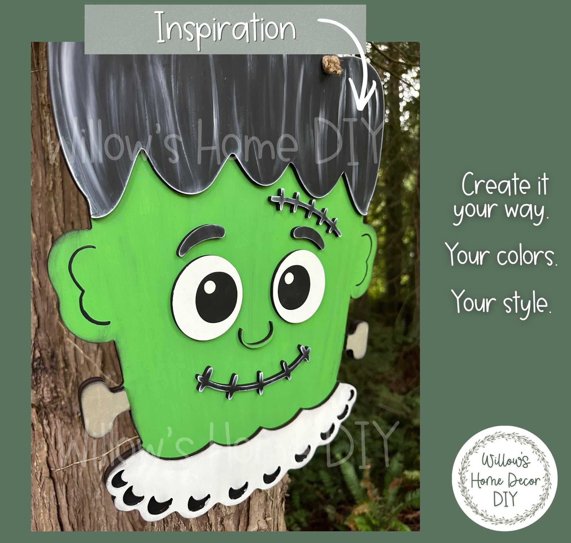 Frankenstein Door Hanger DIY Kit, Laser Cut Wood Blank, Paint Your Own Halloween Decor