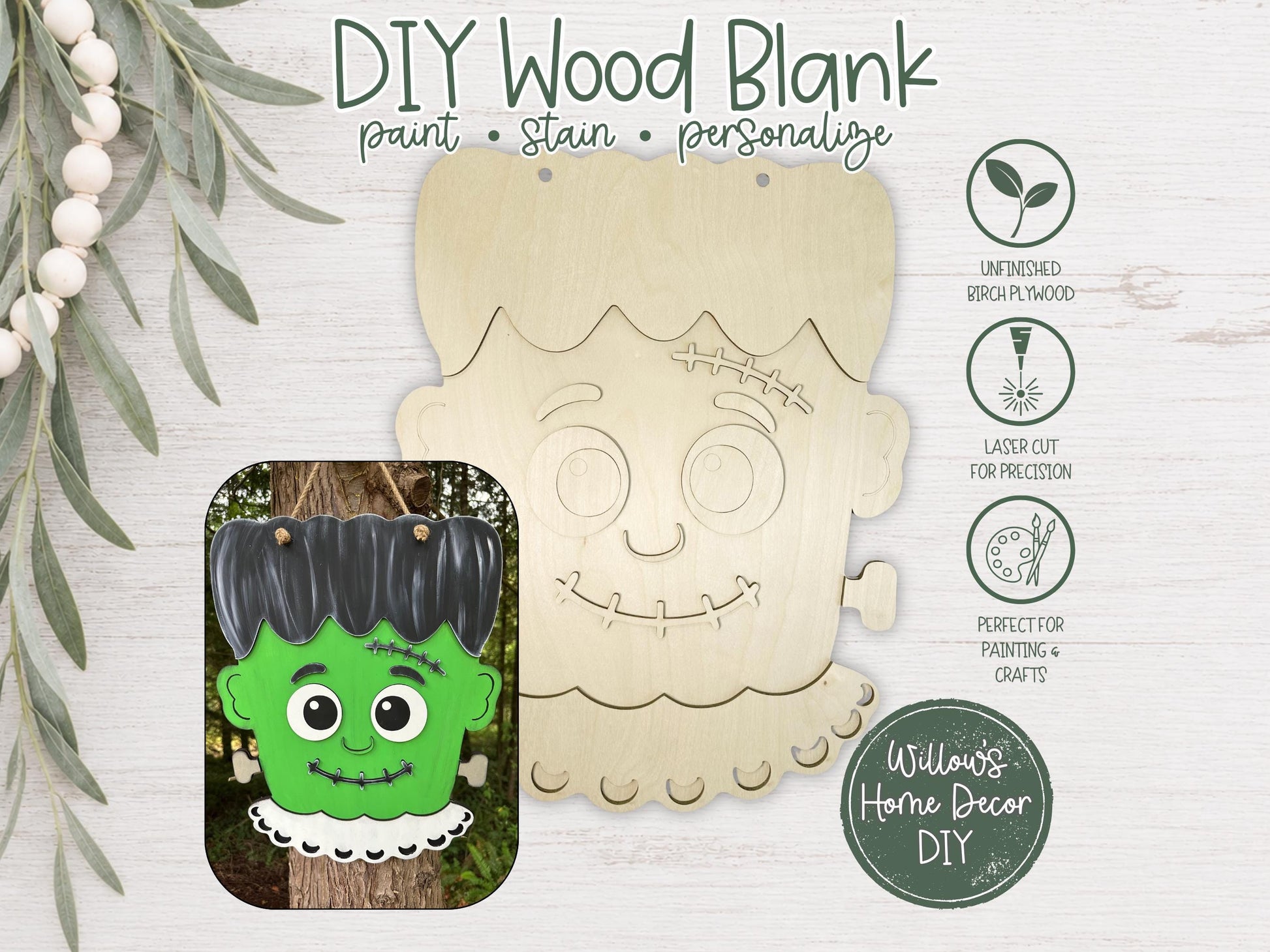 Frankenstein Door Hanger DIY Kit, Laser Cut Wood Blank, Paint Your Own Halloween Decor