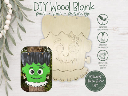 Frankenstein Door Hanger DIY Kit, Laser Cut Wood Blank, Paint Your Own Halloween Decor
