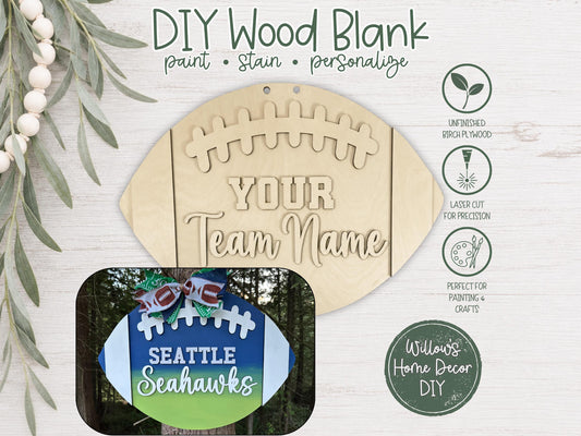 Personalized Football Door Hanger, Custom Team Name DIY Wood Blank, Unfinished Birch Plywood Cutout for Game Day Porch Decor
