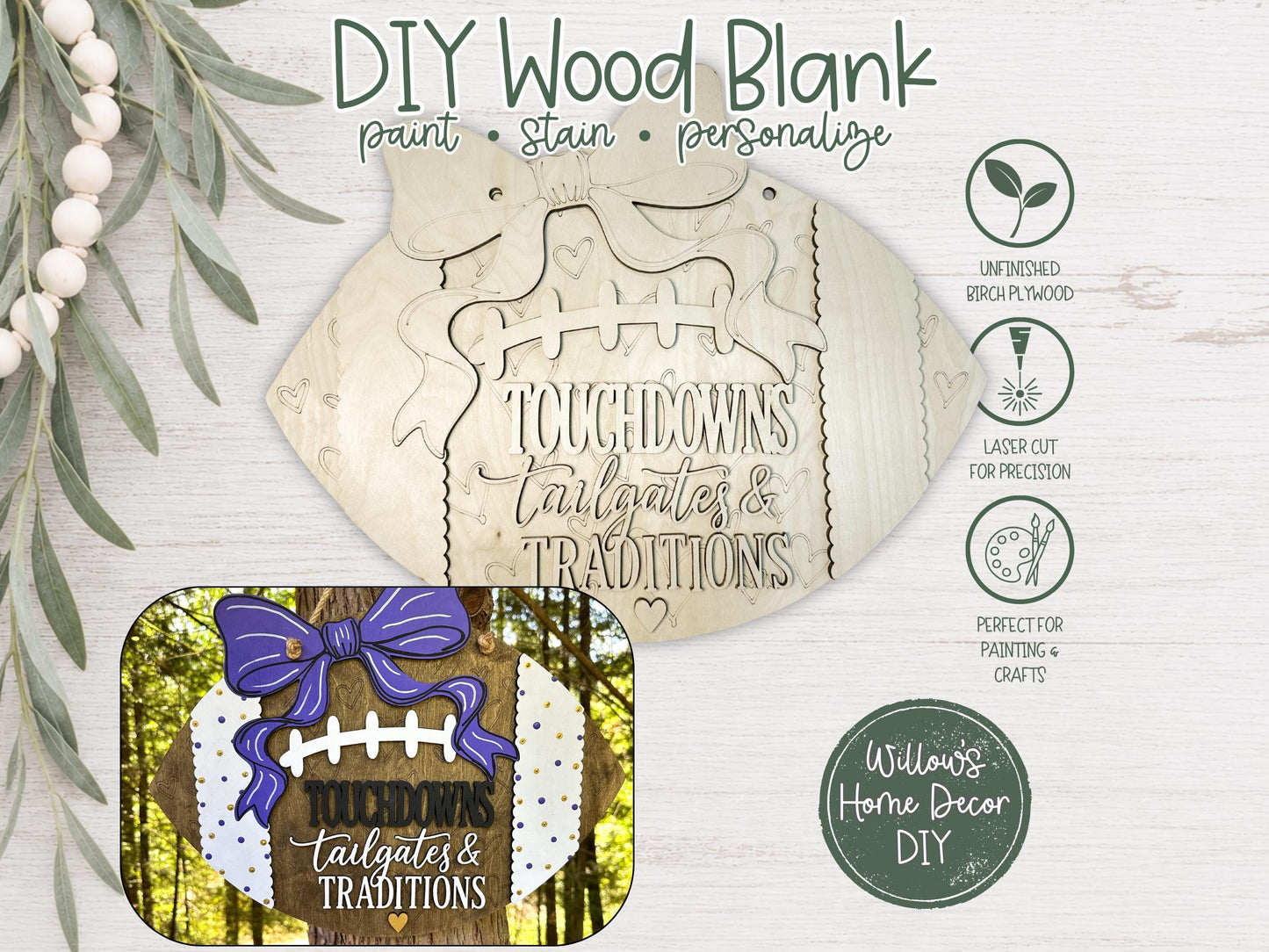 Football Door Hanger DIY Wood Blank, Unfinished Birch Plywood Cutout, Touchdowns Tailgates & Traditions Sign, Paint Your Own