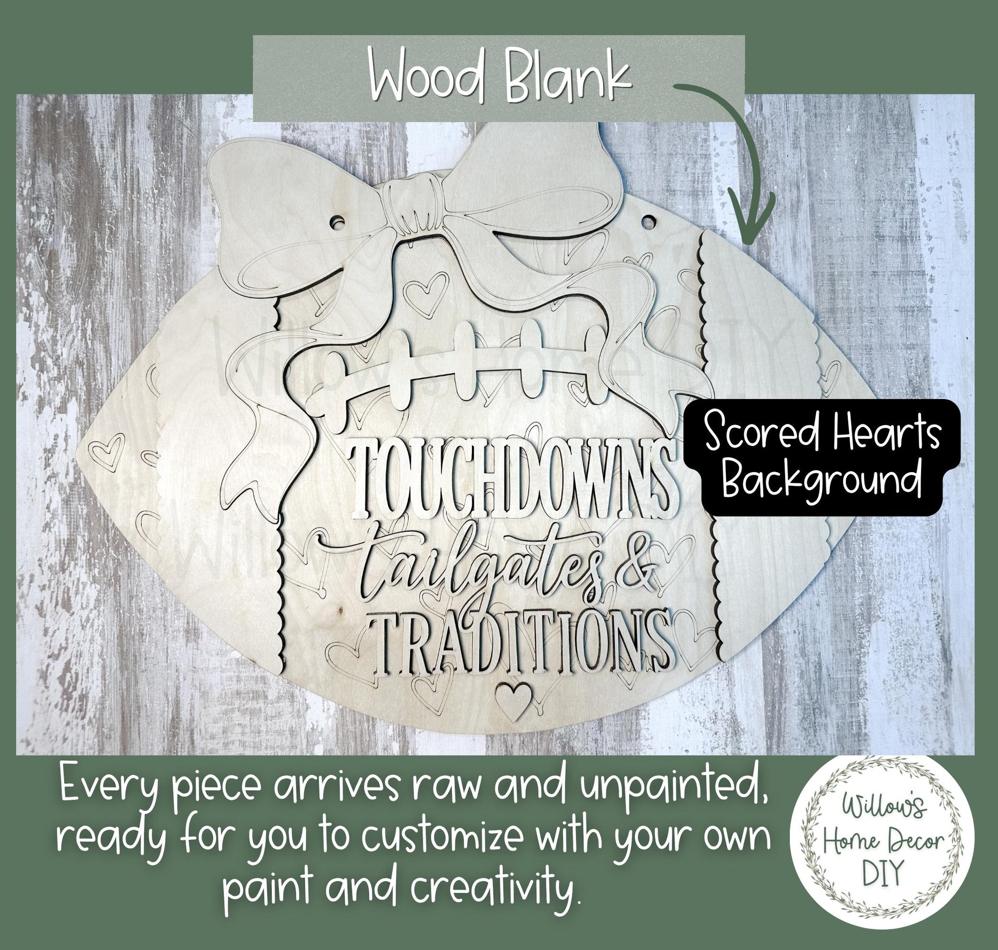 Football Door Hanger DIY Wood Blank, Unfinished Birch Plywood Cutout, Touchdowns Tailgates & Traditions Sign, Paint Your Own