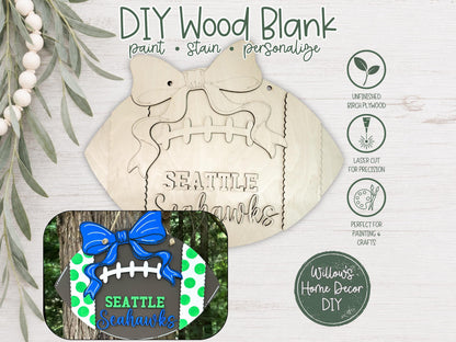 Personalized Football Door Hanger, Custom Team Name DIY Wood Blank, Unfinished Birch Plywood Cutout for Game Day Porch Decor