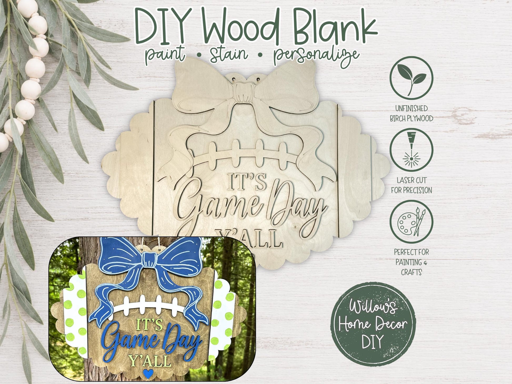 Football Door Hanger Blank, Unfinished Birch Plywood Wood Cutout, Paint Your Own Game Day Tailgate Sign