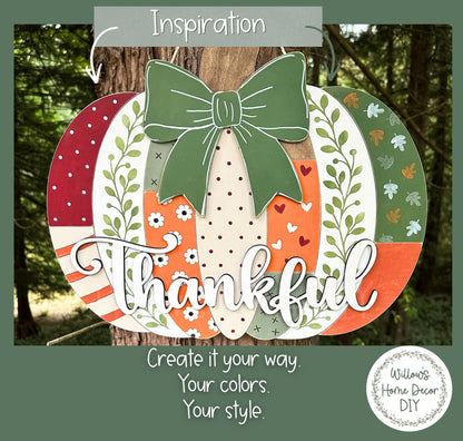 Pumpkin Door Hanger, DIY Wood Blank Ready to Paint, Fall Porch Sign, Patchwork Pumpkin Cutout