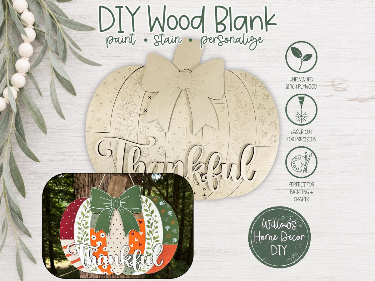 Pumpkin Door Hanger, DIY Wood Blank Ready to Paint, Fall Porch Sign, Patchwork Pumpkin Cutout