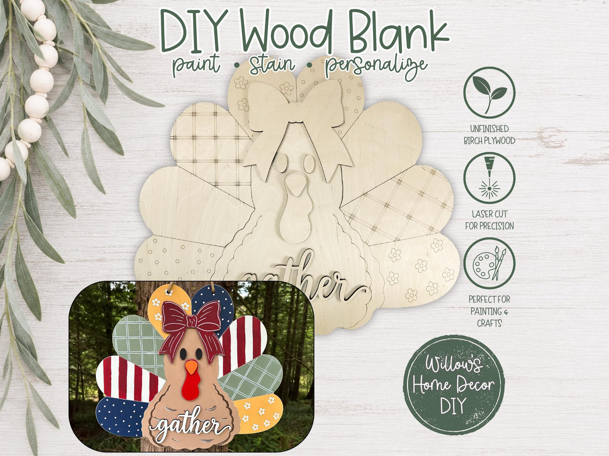 Turkey Door Hanger, DIY Gather Wood Sign, Unfinished Wood Blank Ready to Paint, Fall Thanksgiving Porch Decor, Patchwork Feather Cutout