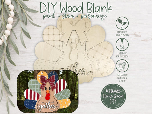 Turkey Door Hanger, DIY Gather Wood Sign, Unfinished Wood Blank Ready to Paint, Fall Thanksgiving Porch Decor, Patchwork Feather Cutout